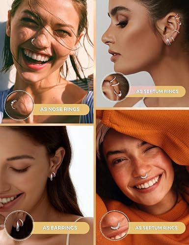 LOLIAS Septum Nose Rings Hoops - 316L Surgical Steel Septum Rings CZ Opal Silver 14K Gold Plated Hoop Nose Ring for Women 16G/18G Clicker Cartilage Earring Conch Daith Nostril Piercing Jewelry 8mm/10mm 8Pcs - color: Silver, size: 18G 10MM