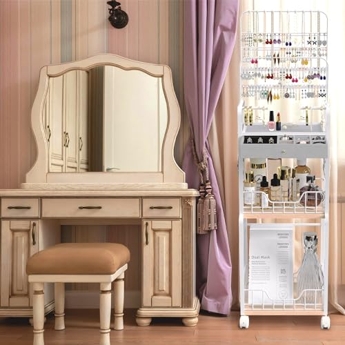 Large Jewelry Organizer Stand with Box Drawer, Multifunctional Display Cases with Wheels, Armoire Jewelry Cabinet for Earring Necklace Ring Bracelet Makeup