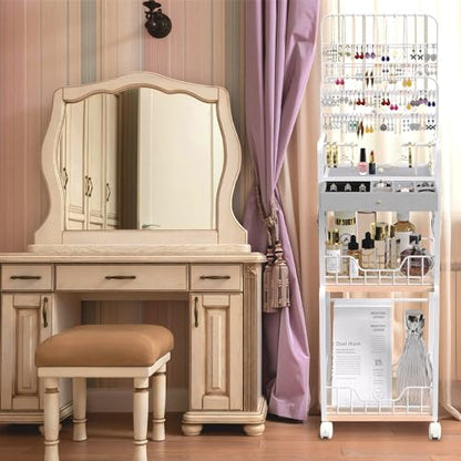 Large Jewelry Organizer Stand with Box Drawer, Multifunctional Display Cases with Wheels, Armoire Jewelry Cabinet for Earring Necklace Ring Bracelet Makeup