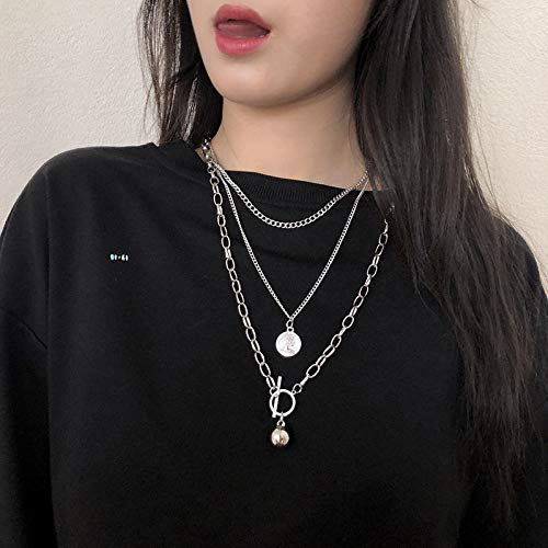 Womens Silver Layered Necklace Set, Triple Strand Hip Hop Coin Pendant Choker, Chunky Link Chain Jewelry for Streetwear