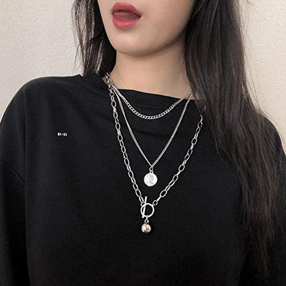 Womens Silver Layered Necklace Set, Triple Strand Hip Hop Coin Pendant Choker, Chunky Link Chain Jewelry for Streetwear
