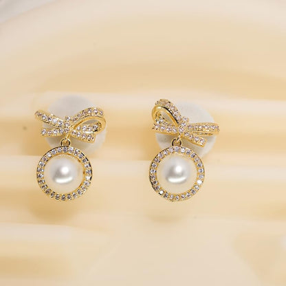 Gold Bow Earrings for Women, Long Tassel Chain Drop Earrings, Trendy Small Bow Earrings, Ribbon Waterfall Dangling Earrings, Pearl Bow Earrings, Sparkly Elegant Bowknot Preppy Jewelry Gifts for Women - color: Gold Bow-E