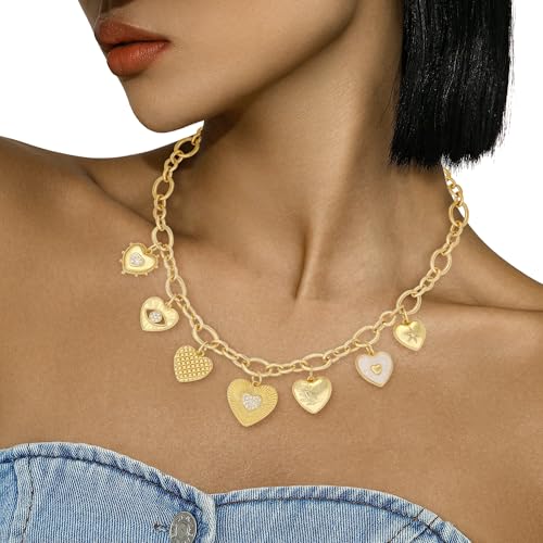 Charm Necklace for Women Gold Evil Eye Sun Moon Flower Coin Pendant Necklace Dainty Paperclip Chain Vintage Luck Amulet Choker Necklaces Celestial Jewelry Gift - style: 7 Charms- Heart,Evil Eyes