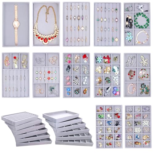 12 Set Jewelry Organizer Trays Stackable Jewelryy Display Case Storage Box for Earring Necklace Rings Bracelet Watch - color: Grey, size: 12 Pack