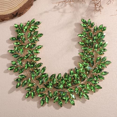 Missgrace Women Silver Green Black Red Blue Handmade Full Crystal Rhinestone Large Headband Hair Vine Shinny Headpiece Bridal Wedding Hair Accessories for Women (Green) - color: Green