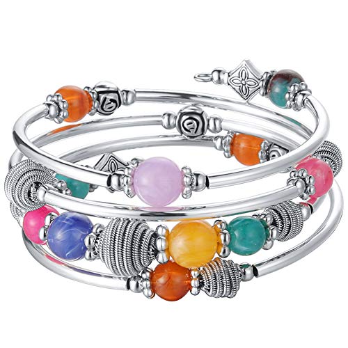 PEARL&CLUB Beaded Chakra Bangle Turquoise Bracelet - Fashion Jewelry Wrap Bracelet with Thick Silver Metal and Mala Beads, Birthday Gifts For Women - color: Colorful