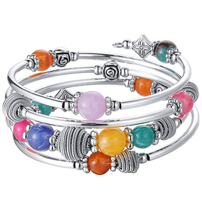 PEARL&CLUB Beaded Chakra Bangle Turquoise Bracelet - Fashion Jewelry Wrap Bracelet with Thick Silver Metal and Mala Beads, Birthday Gifts For Women - color: Colorful