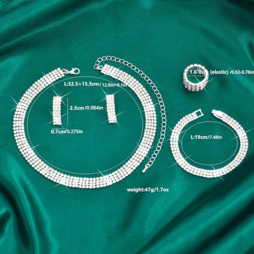 Aukmla Rhinestones Bridal Wedding Jewelry Set Silver Choker Necklaces Earrings Bracelet Ring Sets Prom Jewelry for Women - color: Silver