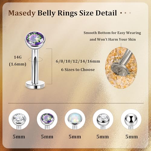5PCS 316L Stainless Steel Floating Belly Button Rings for Women 14G Petite Flat Back CZ Belly Rings Hypoallergenic Small Opal Internally Threaded Navel Piercing Jewelry 6-16MM - color: Silver, size: 12mm
