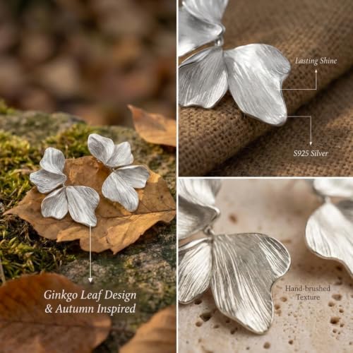 Chunky Gold Plated Flower Statement Drop Earrings for Women | Hypoallergenic 18K Gold Plated Textured Petal Wing, Large Statement Dangle Earrings for Wedding Party - color: silver