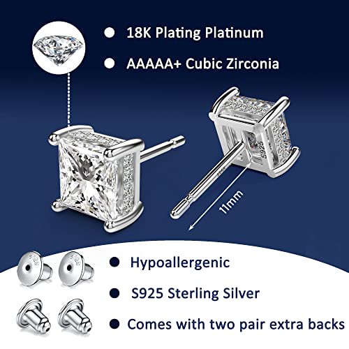 Princess Cut Cubic Zirconia Stud Earrings for Men Women | Square CZ Simulated Diamond Studs, 18K White Gold Plated Sterling Silver, Hypoallergenic - color: White Gold, size: 7MM