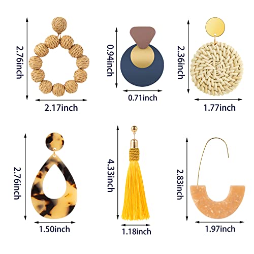 Ponpon 6-18 Pairs Earrings for Women, Lightweight Summer Earrings Straw Earrings Fashion Geometric Statement Hoop Dangle Drop Earrings for Women - style: Style D - 6 Pairs