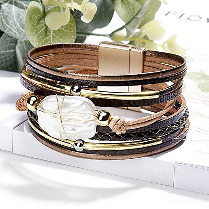Fesciory Leather Wrap Bracelet for Women, Boho Western Layered Cuff Jewelry | Stackable Bracelets, Easy-On Clasp, Daily Wear, Pairs with Boho Western Outfits, Gift for Women - color: Brown4