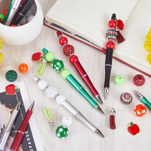 SUNNYCLUE DIY 12 Sets Beadable Pen with Beads Acrylic Making Kit Teacher Appreciation Gifts 20mm Rhinestone Bubblegum Beads Ballpoint Pen Making Kits for Office School Supplies - color: 12 Sets, Green & Red