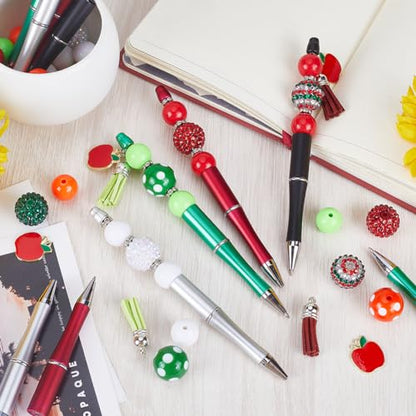 SUNNYCLUE DIY 12 Sets Beadable Pen with Beads Acrylic Making Kit Teacher Appreciation Gifts 20mm Rhinestone Bubblegum Beads Ballpoint Pen Making Kits for Office School Supplies - color: 12 Sets, Green & Red