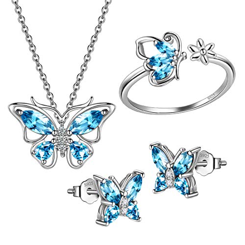 925 Sterling Silver Birthstone Butterfly Jewelry Women Crystal Animal Cute Butterflies Birthday Necklace/Earring/Ring/Bracelet Sets Birth Stone Statement Anniversary Jewellery - color: 2-C.March-Aquamarine