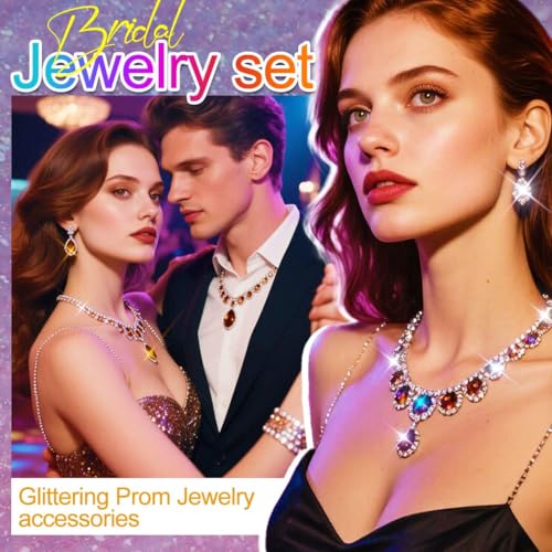 Aukmla Rhinestones Bridal Wedding Jewelry Set Silver Choker Necklaces Earrings Bracelet Ring Sets Prom Jewelry for Women - color: Gold