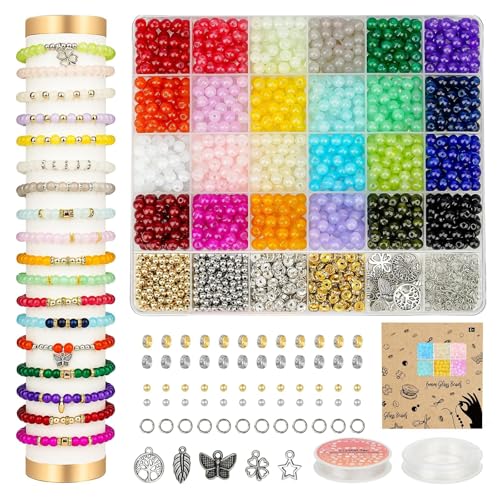 6mm Glass Beads Bracelet Making Kit 1400pcs, 24 Colors Crystal Beads for Jewelry Making Round Beads DIY Crafts with Spacer Beads Charms Accessories | 24 Colors Round Glass Bead for Jewelry Making DIY Crafts with Spacer Beads Charms Accessories - size: 6MM