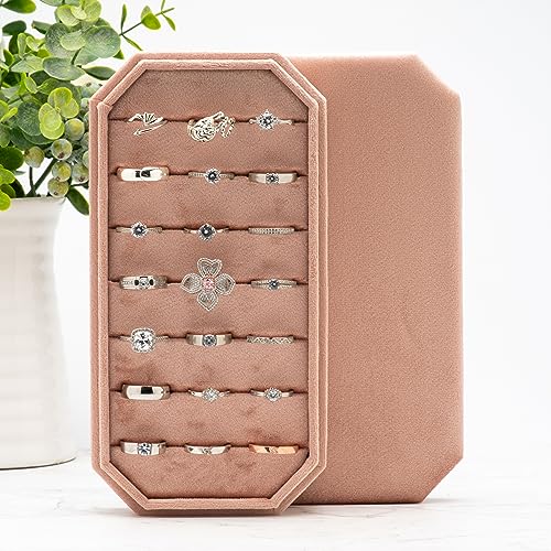 Velvet Ring Organizer Display Tray Jewelry Box Earring Holder Case | for Wedding Birthday Christmas Day (Blush Peach) - color: Blush Peach
