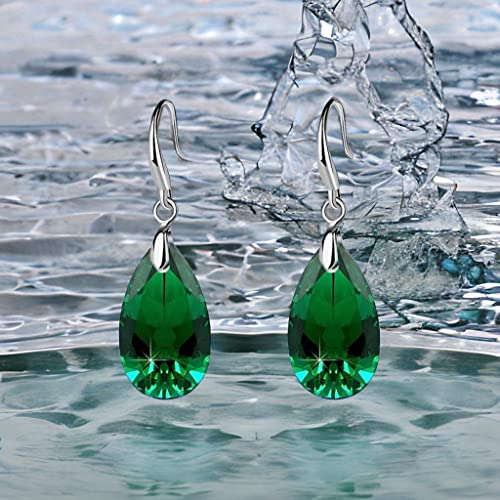 Austrian Crystal Teardrop Dangle Hook Earrings for Women 14K Gold Plated Hypoallergenic Jewelry - color: Emerald