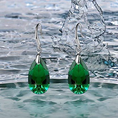 Austrian Crystal Teardrop Dangle Hook Earrings for Women 14K Gold Plated Hypoallergenic Jewelry - color: Emerald