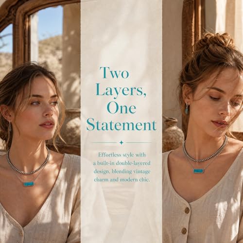 Layered Western Necklace for Women Silver Beaded Choker with Turquoise Bar Pendant Boho Country Jewelry Pearl Necklaces an Ideal Present for Her