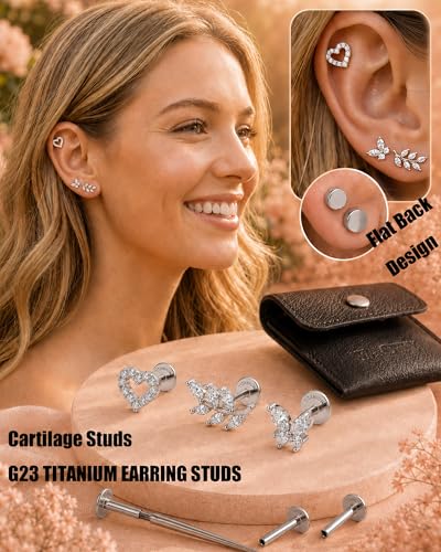 YACHY ASTM F136 G23 Titanium Flat Back Stud Earrings, Internally Threaded Screw-On Hypoallergenic Body Piercing Jewelry for Everyday Wear, Tragus Helix Conch Monroe Medusa Lip, 18G 6mm 8mm - color: Blooming Love--3pcs+3bar--Silver, size: 6mm+8mm