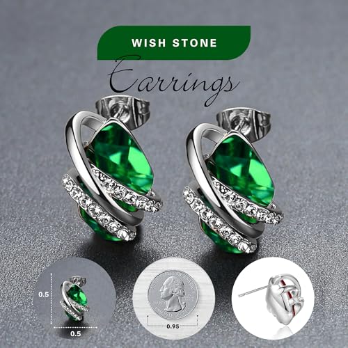 Gifts for Women, Wish Stone Stud Earrings with Birthstone Crystals, 18K Rose Gold Plated or Silver-tone - color: 205-May-Emerald Green-Silvertone