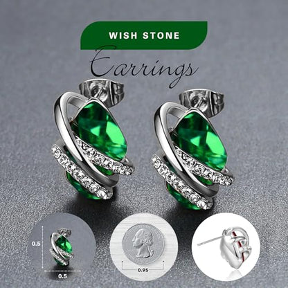 Gifts for Women, Wish Stone Stud Earrings with Birthstone Crystals, 18K Rose Gold Plated or Silver-tone - color: 205-May-Emerald Green-Silvertone