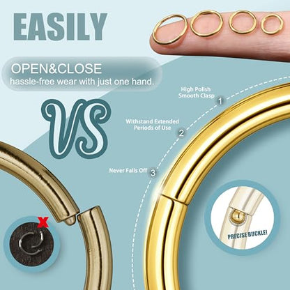 Jstyle 8 Pcs Hypoallergenic Nose Rings Hoops for Women 316L Steel 6-12MM | Gold/Silver Nose Rings Hoops, 16G/18G Clicker Rings with 316L Stainless Steel, Hypoallergenic Septum Jewelry - color: Gold Tone, size: 16G