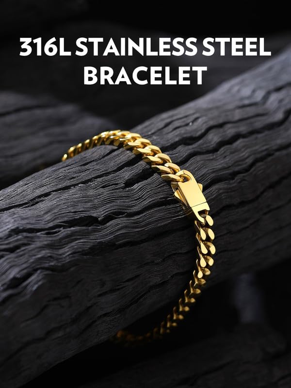 Bandmax Mens Hip Hop Cuban Link Bracelets 5/7/9/12MM Stainless Steel Miami Curb Chain Bracelet Silver/Gold Plated/Black Wristlet Chains for Men 7"-9" - color: 03 5MM-Gold