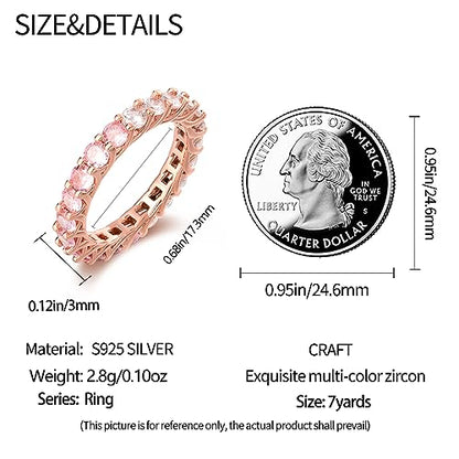 KUNSIR 925 Silver Cubic Zirconia Ring Size 7-9 Wedding Band Sterling Silver Eternity Ring Modern Style - style: Rose Gold Pink Zirconia Ring