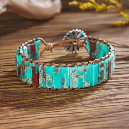 Plumiss Women Boho Handmade Natural Stone Crystal Leather Bead Wrap Bracelets Collection - style: Blue Agalmatolite 1W