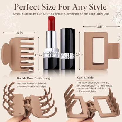 8 Pcs Medium Hair Clips for Women Girls - 2 Styles Rectangle and Double Row Teeth Small Claw Clips for Thin Fine Thick Hair, Matte Non-slip Strong Hold Jaw Clips Hair Accessories, Neutral - color: Neutral