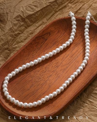 FUNEIA Dainty Pearl Necklace for Women 14K Gold Plated Faux Pearl Choker Necklaces Trendy White Silver Small Pearl Necklace Strand Wedding Prom Bridal Pearls Jewelry 14/16/18/20 Inches - color: B-6mm Pearl Necklace-Silver