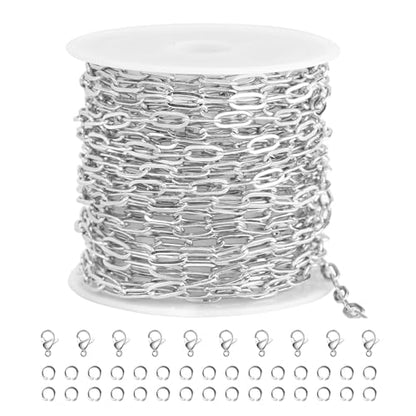 SMYHTGLIF 16.4 Feet Paperclip Cable Chain Bulk Silver Stainless Steel Chain | Permanent Jewelry Making Chains Women Necklace Bracelet DIY Craft Chain for Jewelry Making - color: Silver, size: 3×7.5mm