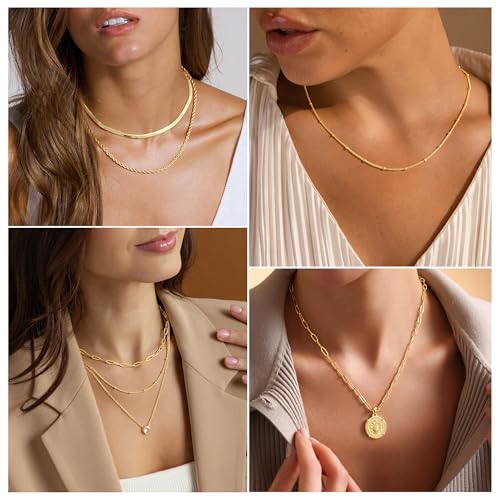 M MOOHAM Layered Gold Necklaces Stack for Women No Tarnish | 14K Gold Plated, Stackable Pendant Necklace Set, Snake Rope Cuban Paperclip Chain, CZ Coin Pendant, Dainty Jewelry Gifts - color: 3 Layered Paperclip Singapore Circle Pendant-Gold