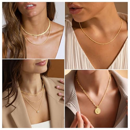 M MOOHAM Layered Gold Necklaces Stack for Women No Tarnish | 14K Gold Plated, Stackable Pendant Necklace Set, Snake Rope Cuban Paperclip Chain, CZ Coin Pendant, Dainty Jewelry Gifts - color: 3 Layered Paperclip Singapore Circle Pendant-Gold