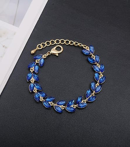 CSY Elegant Bridal Jewelry Sets Wedding Prom Homecoming Gown Accessories | Austrian Marquise Crystal Wedding Necklace Dangle Earrings Tennis Bracelet Ring Set for Bride Women Costume Accessories - color: royal blue-gold tone