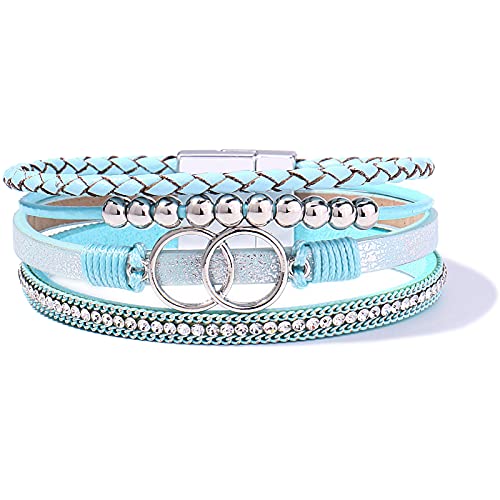 Chunky Boho Leather Wrap Bracelets Cowgirl Beaded Circle Western Jewelry | Stackable Infinity Layered Bohemian Magnetic Clasp Cuff Statement Fashion Colorful Country Hippie Outfits for Women Trendy - color: Teal