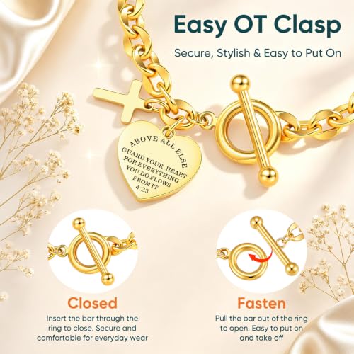 Gamtic Personalized Charm Bracelet for Women, Gold Bracelet with Cross Heart Charms, Bible Verse Christian Bracelet, Custom Engraved Stainless Steel Ot Clasp Bracelet, Faith Gifts Jewelry for Her - color: Proverbs 4:23 / Custom Back
