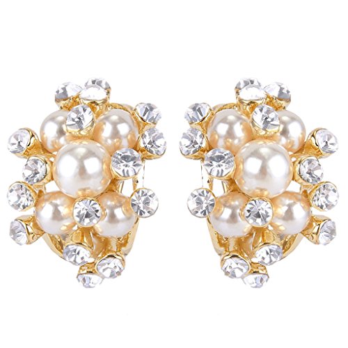 EVER FAITH Austrian Crystal White Simulated Pearl Bridal Cluster Pierced Stud Earrings - color: Clear Gold-Tone
