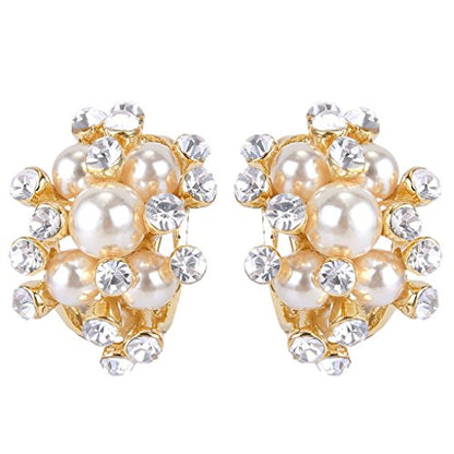 EVER FAITH Austrian Crystal White Simulated Pearl Bridal Cluster Pierced Stud Earrings - color: Clear Gold-Tone