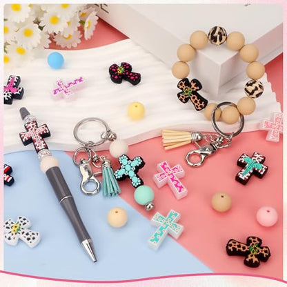 12pcs Cross Silicone Focal Beads for Pens | Focal Beads for Keychain Making,Pens,Bracelet,Necklace Crafts,Bulk Silicone Beads for DIY（Cross） - color: Cross