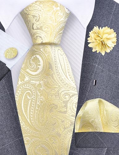 GUSLESON 3.15"（8cm） Mens Tie and Lapel Pin Paisley Necktie Hankerchief Cufflinks Set for Men - color: Light Yellow