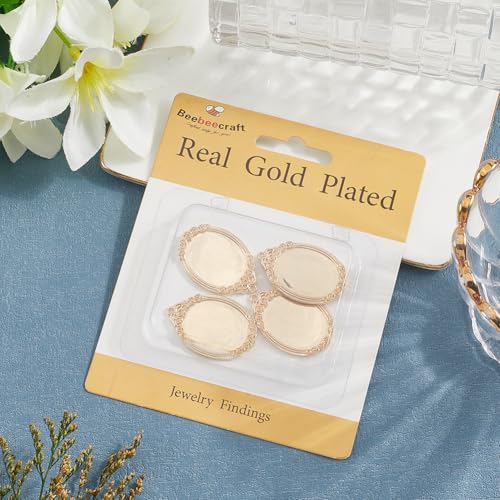 Beebeecraft 1Box 4Pcs Pendant Cabochon Settings 14K Gold Plated Brass 25 x 36.5 x 3mm Oval Pendant Blank Bezel for DIY Jewelry Making - color: #2 Tray 19x25.5mm