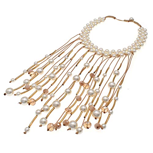 utop JNF Hand made Pearl Statement Necklace for Women Rhinestone Multilayer Crystal Necklaces Chunky Pearl Necklace Large Pearl Necklace and Earrings Set for Mother Mom's gift - color: bib pearl necklace white