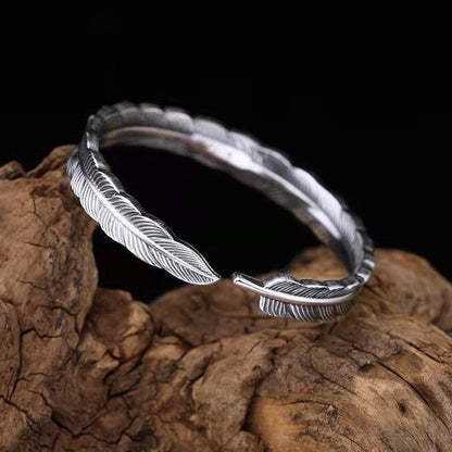 Innocence S925 Silver-Plated Antique Wide Feather Cuff Bracelet For Men Women Adjustable Retro Twisted Feathers Bracelets Gift Jewelry - color: Feather B