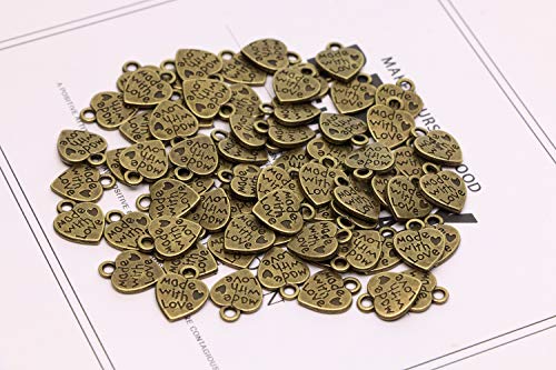 Shapenty 100PCS Mini Metal Beads Heart Shaped “Made with Love” Charms Bulk for DIY Craft Keychain Necklace Pendants Bracelets Earrings Jewelry Making Findings - color: Bronze