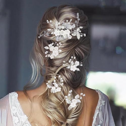 6 Pcs Bridal Flower Wedding Hair Pins Crystal Pearl Hair Clips Headpiece Wedding Hair Accessories Jewelry with Rhinestone for Brides Bridesmaids Women Girls Updo - color: Silver6pcs